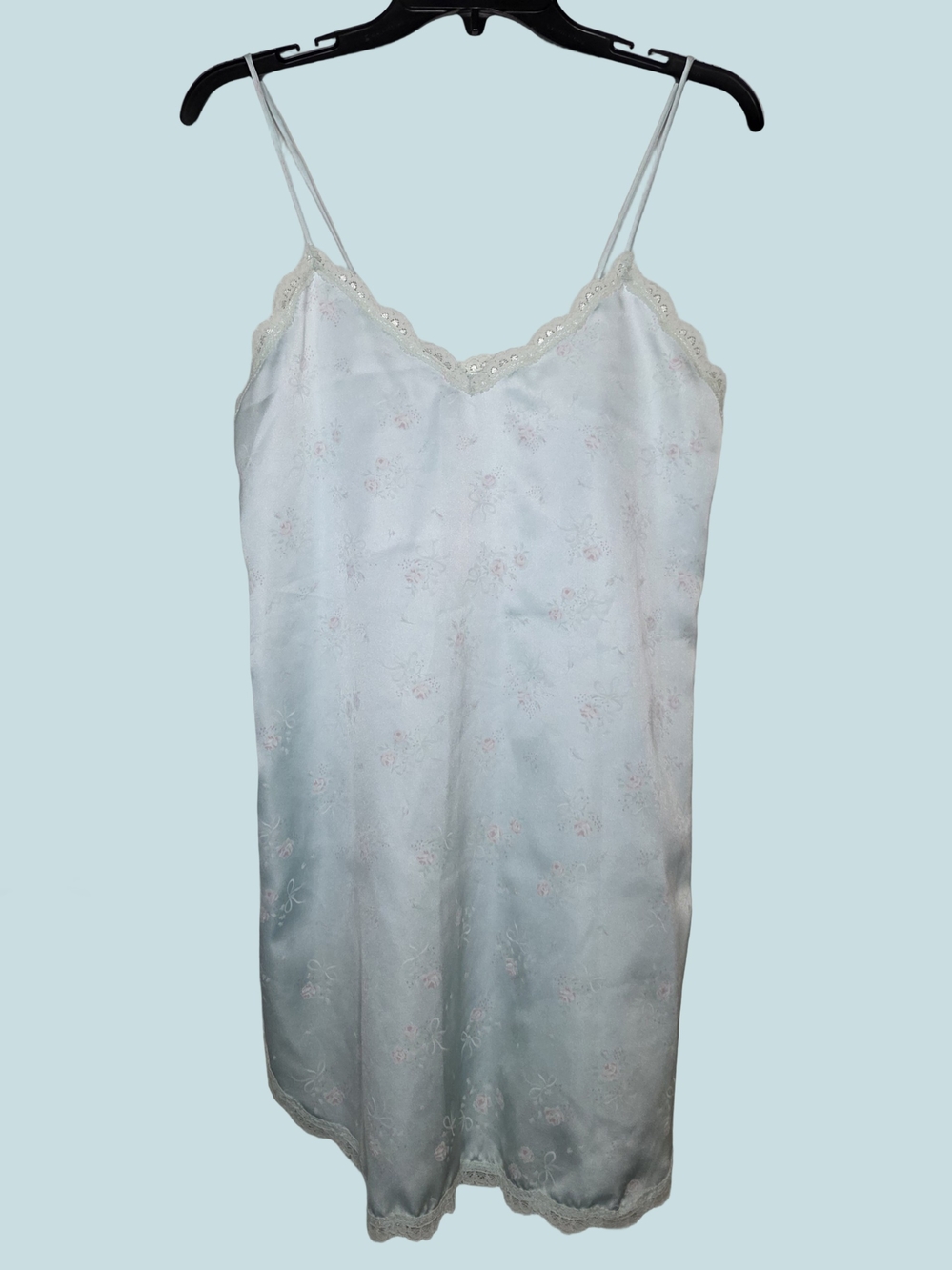 Val Mode Light Blue Floral Bow Pattern Lace Trim Satin Slip - Picture 1 of 8